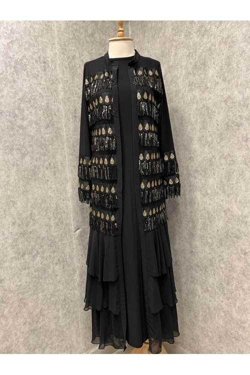 24Y882 ABAYA TAKIM İÇİ BUZİ ÜSTÜ FIRFIRLI PULLU