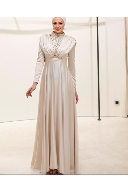 25Y4944 HENNİN ABİYE SATEN YAKA TAŞ OMUZ DROPELİ