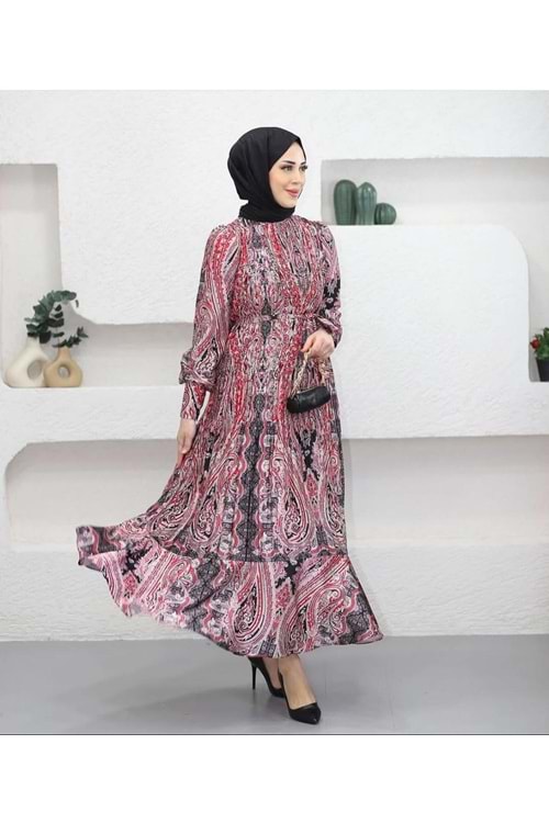 25Y91086 ELBİSE SATEN ETNİK DESENLİ