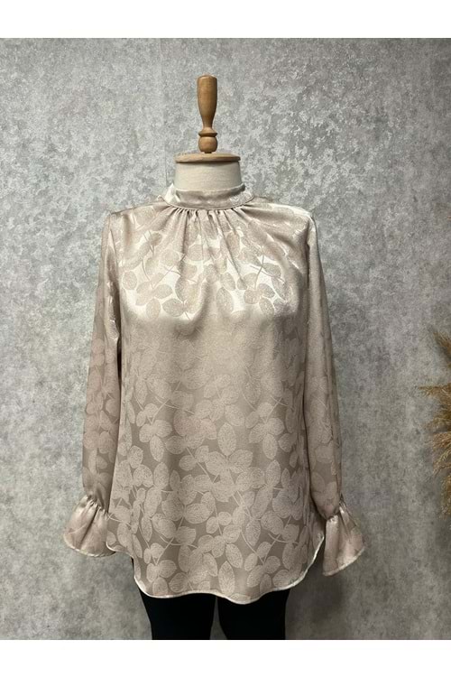 25Y5307 BLUZ SATEN YAPRAK DESENLİ KOL LASTİKLİ
