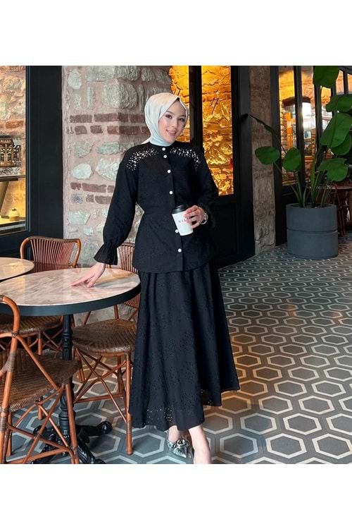 25Y3005 TAKIM GÖMLEK ETEK FİSTO KUMAŞ GÖMLEK OMUZ DÜĞME TAŞLI