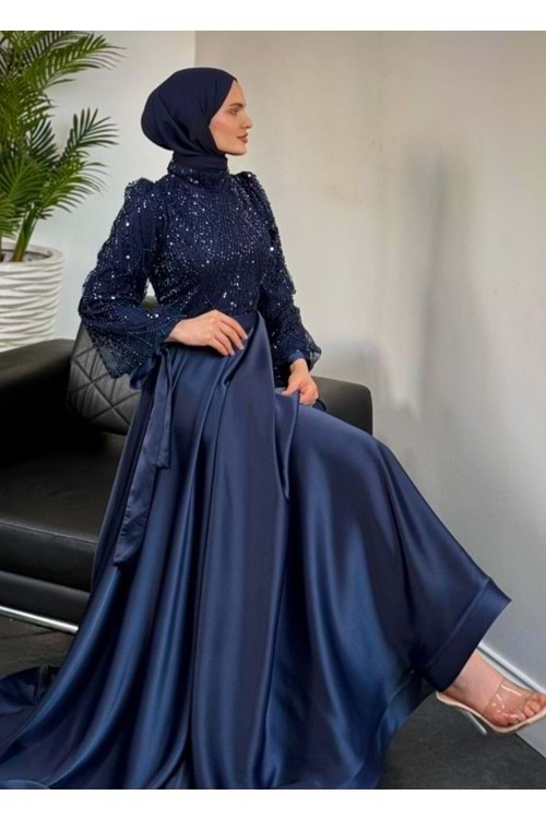 25Y4667 ABİYE ETEĞİ SATEN ÜSTÜ BONCUK PUL İŞLEMELİ