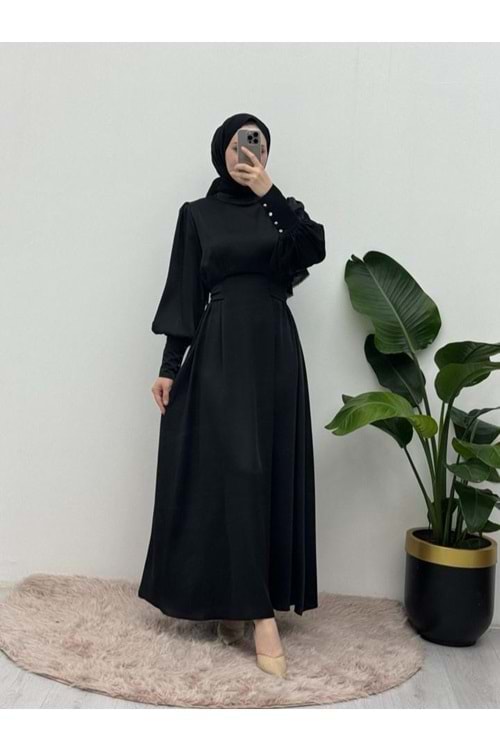 25Y4622BB ABİYE SATEN BEL KUŞAKLI BALON KOL