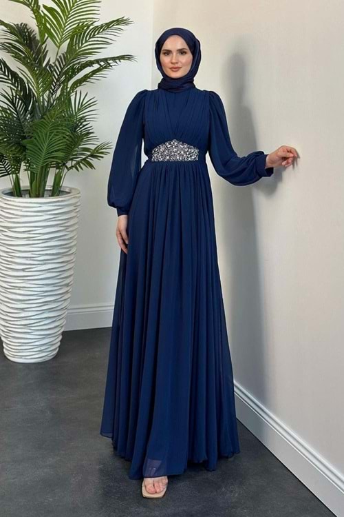 25Y4515 ABİYE ELBİSE ŞİFON BELİ TAŞ DETAYLI