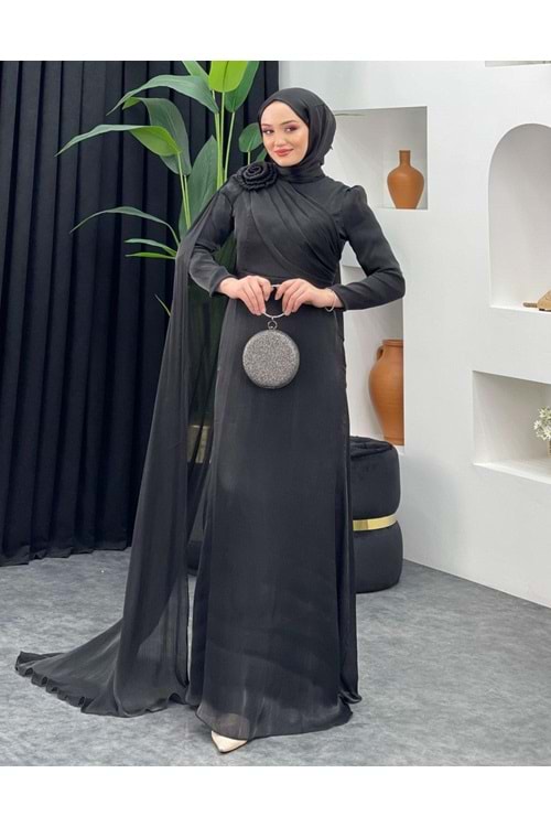 25Y4672 ELBİSE ABİYE JANJAN KUMAŞ ÖN DROPELİ OMUZ GÜL DETAYLI