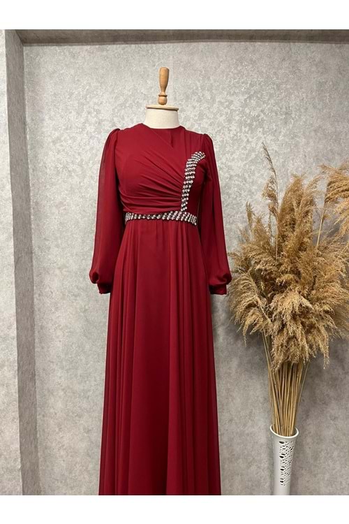 25Y4636 ELBİSE ABİYE ŞİFON BEL VE GÖĞÜS TAŞ İŞLEMELİ