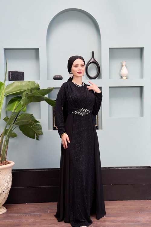 25Y4443BB ELBİSE ABİYE OMUZ VE BEL TAŞ İŞLEMELİ ARKASI ŞİFON