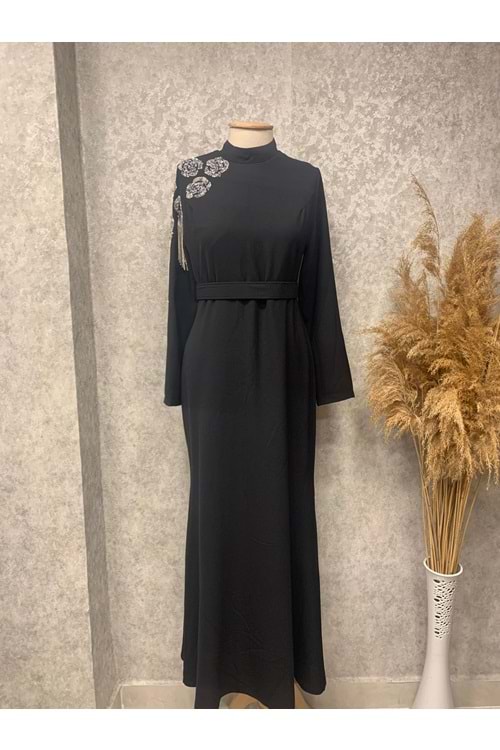 25Y4730 ELBİSE ABİYE KREP KUMAŞ TEK OMUZ TAŞLI