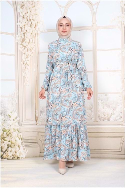 25Y61340 ELBİSE VİSKON KUMAŞ DESENLİ ETEĞİ FIRFIRLI HAKİM YAKA