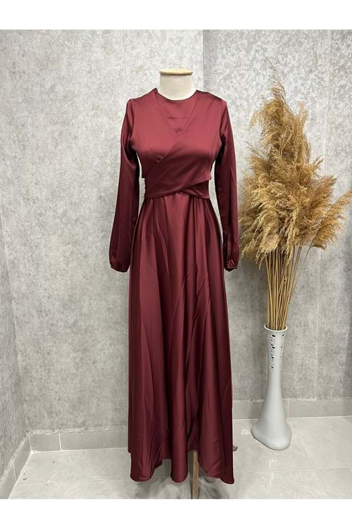 25Y3412 ELBİSE ABİYE SATEN BELİ BAĞLAMALI KLOŞ