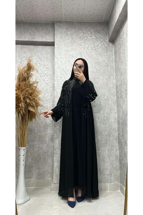 25Y4615 ABİYE ELBİSE İÇLİ DIŞLI ŞİFON TAŞ DETAYLI