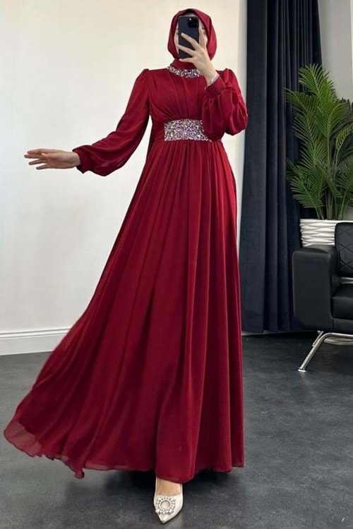 25Y4516 ELBİSE ŞİFON BEL VE YAKASI TAŞLI