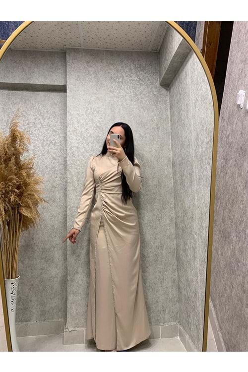 25Y4760 ABİYE ELBİSE SATEN ÖNÜ YIRTMAÇLI TAŞ DETAYLI