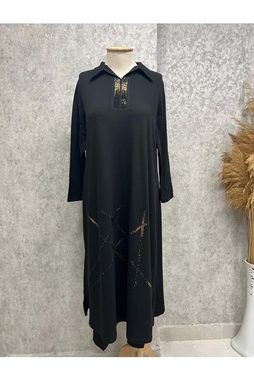 26K8095 ABACI TUNİK ELBİSE V YAKA ÖNÜ PUL BASKILI