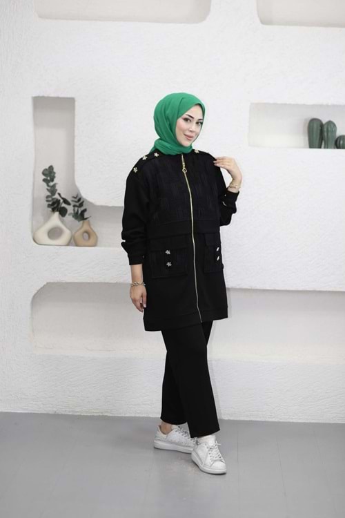 26K120278 TAKIM TUNİK PANTOLON OYSHO KUMAŞ FERMUARLI ORGANZE TÜL DETAYLI CEPLİ PANTOLON BELİ LASTİKLİ