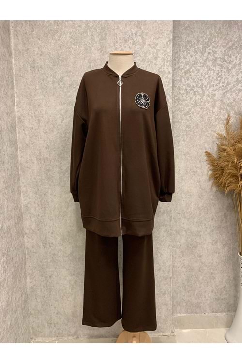 26K120299 TAKIM TUNİK PANTOLON FERMUARLI ÖÖNÜ ÇİÇEK İŞLEMELİ