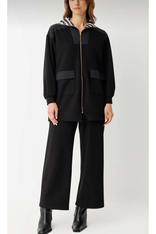 26K120282 TAKIM TUNİK PANTOLON ÖNÜ FERMUARLI YAKASI ZEBRA DESEN CEPLİ