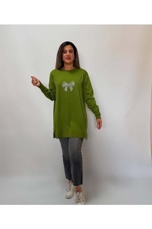 26K3140 TUNİK MERSERİZE ÖNÜ TAŞLI KURDELE DETAYLI