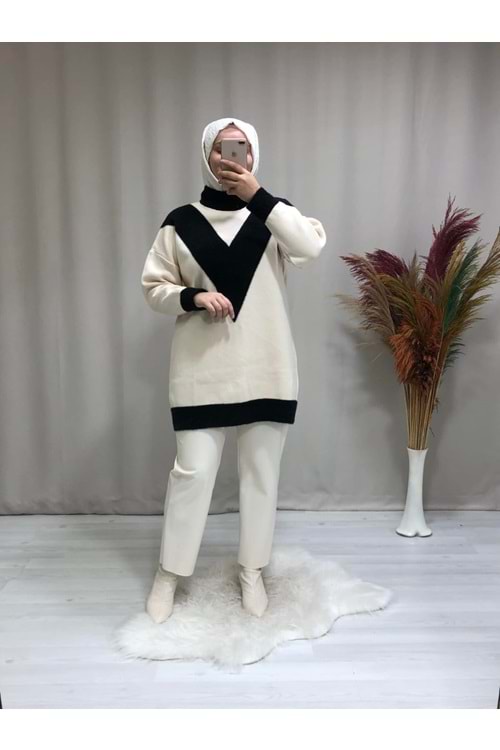 26K2936 TUNİK TRİKO BALIKÇI YAKA V DESEN