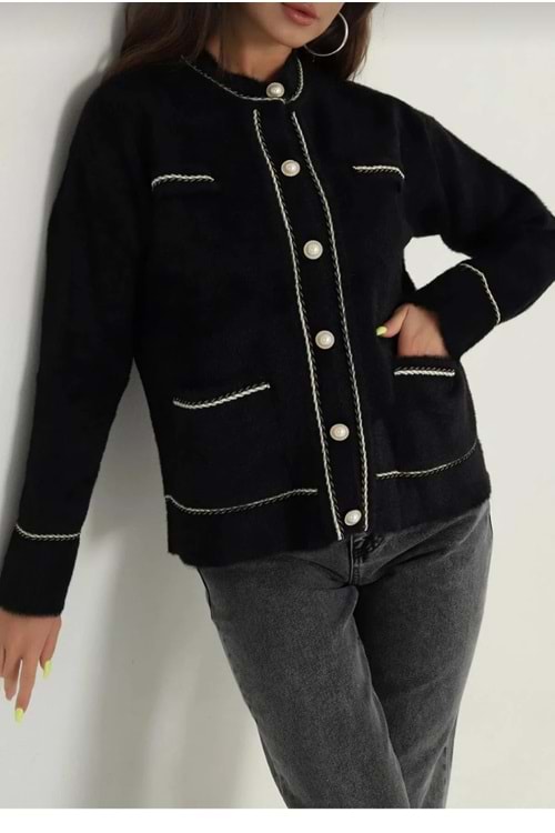 26K3040 CEKET HIRKA TRİKO İNCİ DÜĞMELİ SÜS CEP DETAYLI