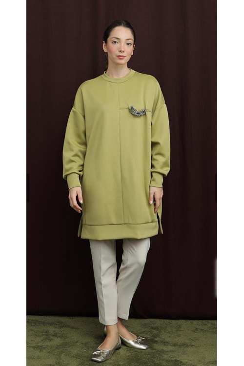 26K10717 TUNİK SWEAT SCUBA KUMAŞ ÖNÜ BONCUK DETAYLI