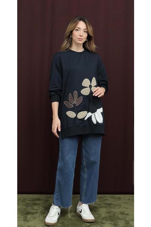 26K10721 TUNİK SWEAT KABARTMA ÇİÇEK DESENLİ