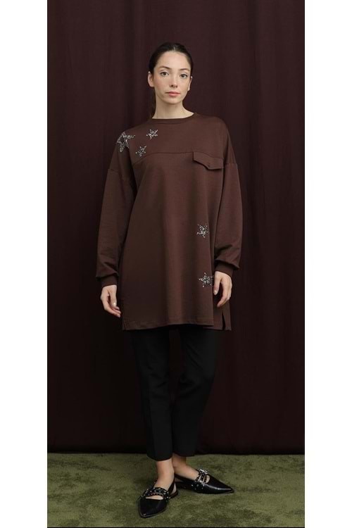 26K10736 TUNİK SWEAT ÖNÜ TAŞLI YILDIZ DETAYLI