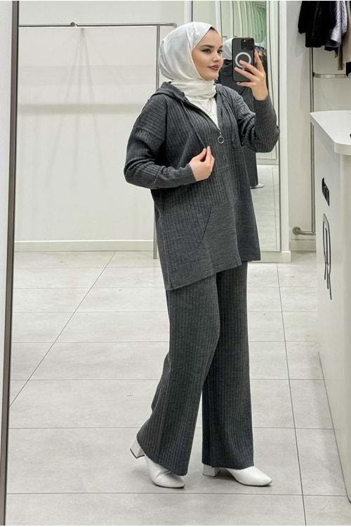 26K25240 TAKIM TUNİK PANTOLON MERSERİZE TUNİK FERMUARLI VE KAPŞONLU