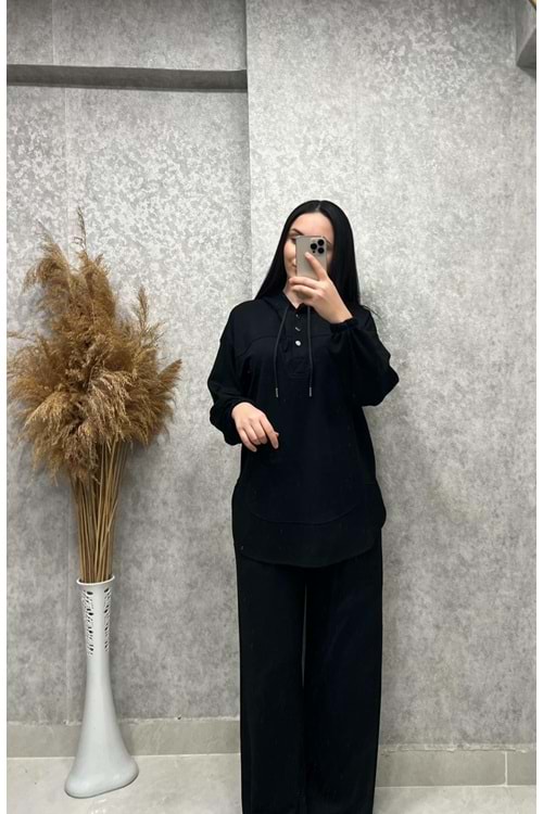 26K6013 TAKIM TUNİK PANTOLON, OYSHO KUMAŞ, TUNİK YARIM ÇITÇIT KAPAMA VE KAPÜŞONLU