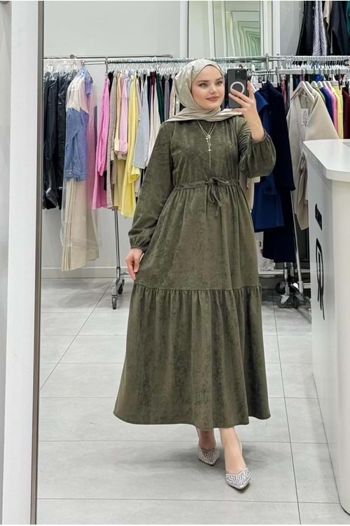 26K9624 ELBİSE SÜET KUMAŞ BELİ BAĞCIKLI