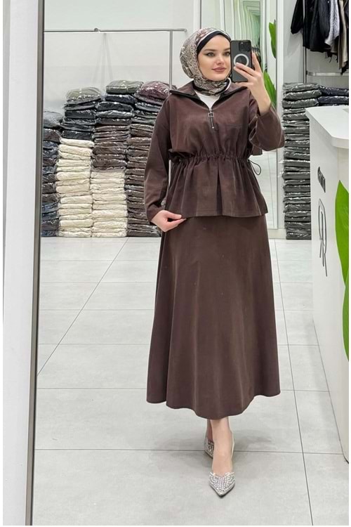 26K4313 TAKIM BLUZ ETEK , BLUZ YARIM FERMUAR KAPAMA BELİ BÜZGÜLÜ