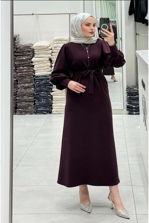 26K9625 ELBİSE FİTİLLİ KUMAŞ BALON KOL