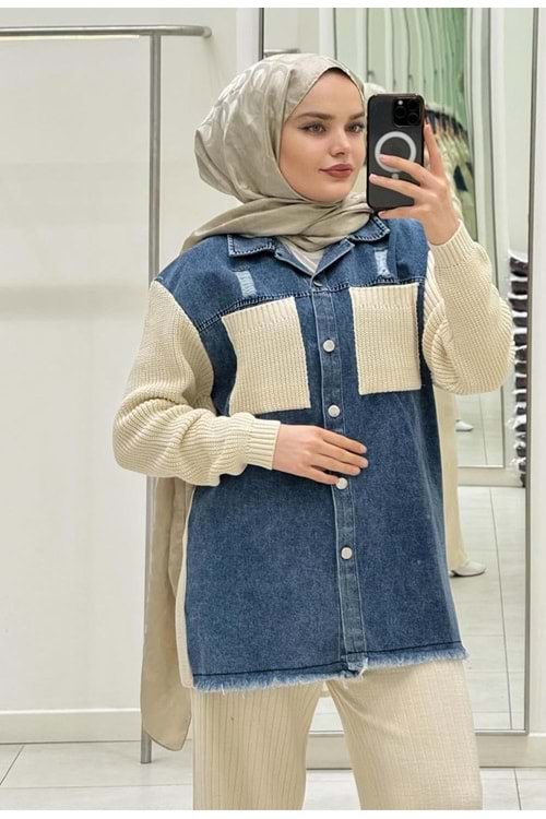 26K25260 CEKET GÖMLEK ÖRME KOT DETAYLI VE ÖNÜ DÜĞMELİ