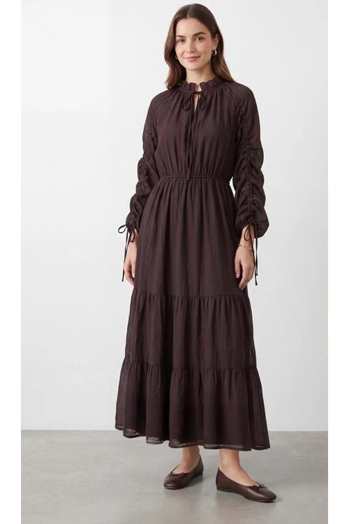 26Y32464 ELBİSE ŞİFON KOLLARI BÜZGÜLÜ BELİ LASTİKLİ YAKASI BAĞCIKLI