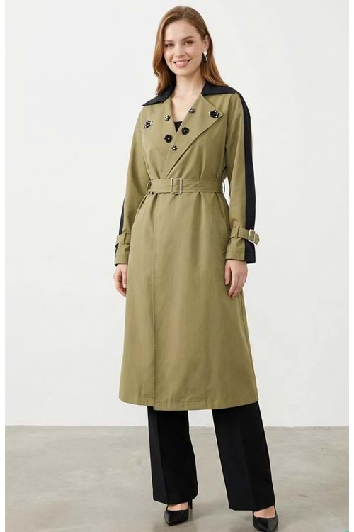 26Y15261 KAP TRENCHKOT YAKASI TAŞ DETAYLI BELİ KEMERLİ