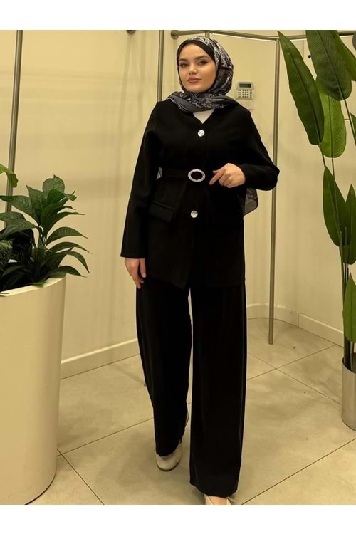 26Y4314 TAKIM GÖMLEK PANTOLON DÜĞME GÜMÜŞ DETAYLI KEMERLİ