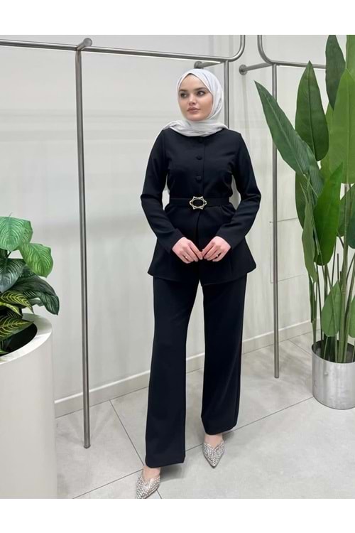 26Y4321 TAKIM TUNİK PANTOLON DÜĞMELİ KEMERİ GOLD DETAY