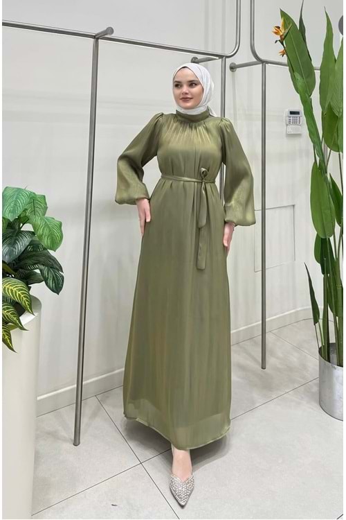 26Y9596 ELBİSE ABİYE JAN JAN KUMAŞ BELİ KEMERLİ HAKİM YAKA