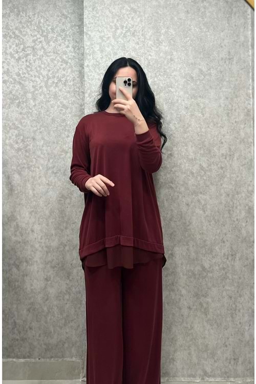 26Y14352 TAKIM TUNİK PANTOLON ETEK UCU ŞİFON DETAY