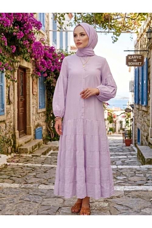 26Y32494 ELBİSE PAMUK KETEN VUAL ÖNÜ YARIM DÜĞMELİ ASTARLI