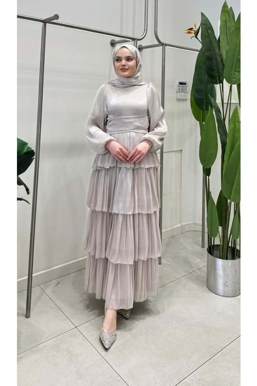 26Y9657 ABİYE ELBİSE ETEĞİ DÖRT KAT BELİ BAĞLAMALI JANJAN KUMAŞ