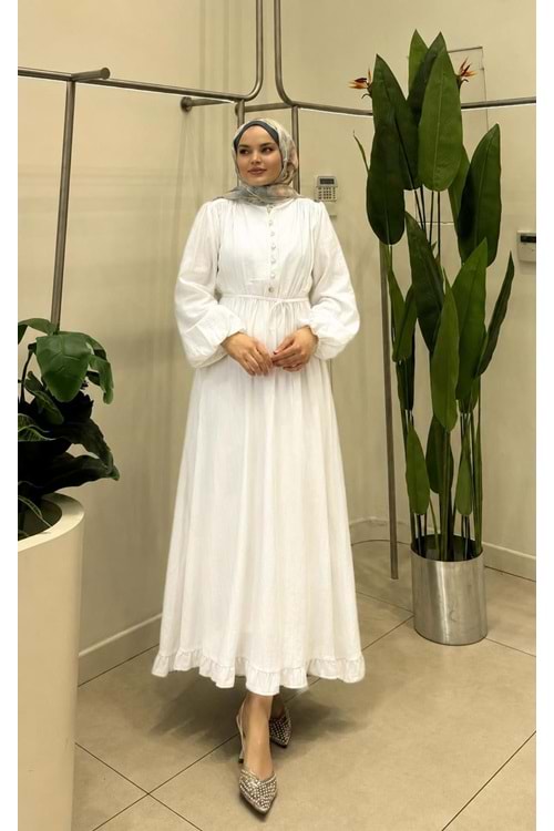 26Y9645 ELBİSE YARIM DÜĞMELİ ASTARSIZ BELİ BÜZGÜLÜ
