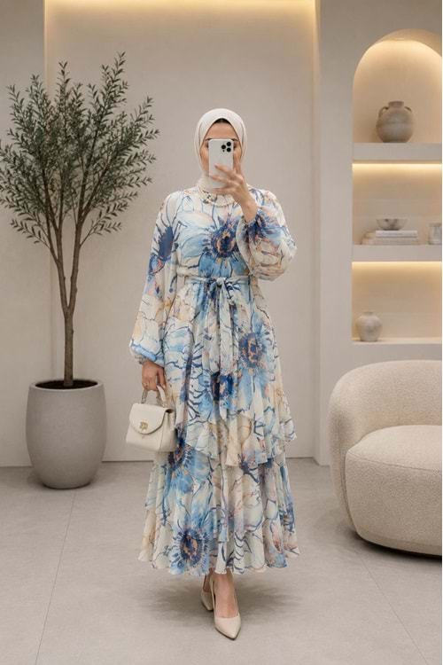 26Y130034 ELBİSE ŞİFON ÇİÇEK DESENLİETEĞİ ÜÇ KATLI