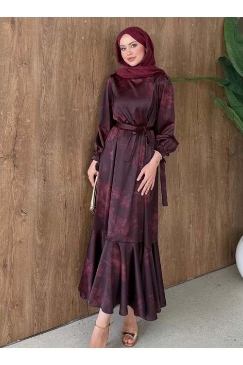 26Y1203 ABİYE ELBİSE SATEN KUMAŞ ETEK UCU VOLANLI
