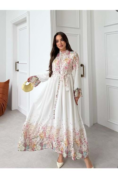 26Y4387 ELBİSE ÇİÇEK DESEN İÇİ ASTARLI ŞİFON
