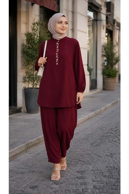 26Y14422 TAKIM TUNİK PANTOLON BONCUK İŞLEMELİ MODAL KUMAŞ