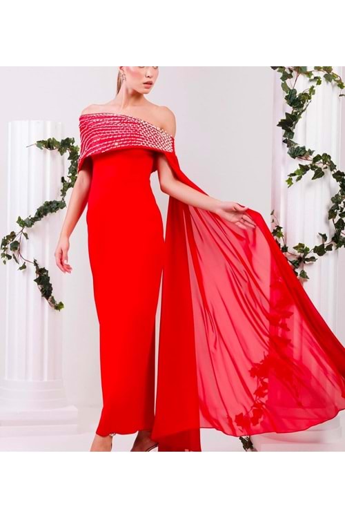 25Y8054 HENNİN ABİYE STRAPLEZ YAKA TAŞ DETAY BEL KEMERLİ