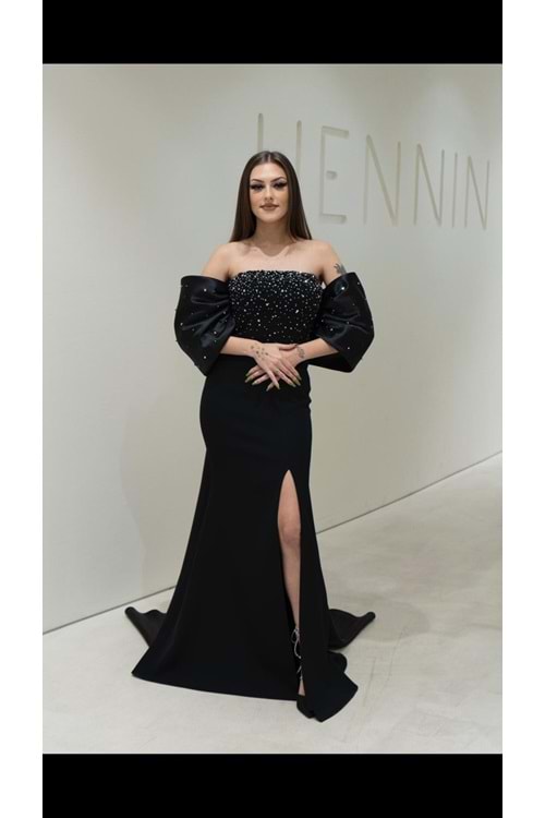 25Y8034 HENNİN ABİYE STRAPLEZ GÖĞÜS TAŞ DETAY YIRTMAÇLI