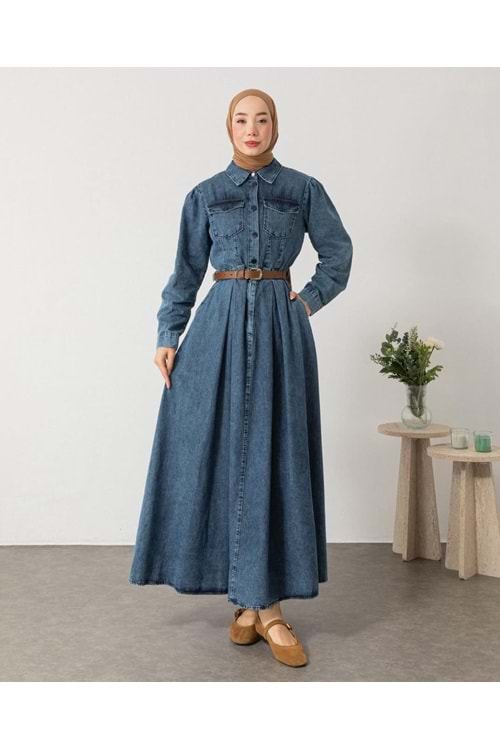 25Y6367 ELBİSE KOT YARIM DÜĞME KAPAMA İKİ CEPLİ