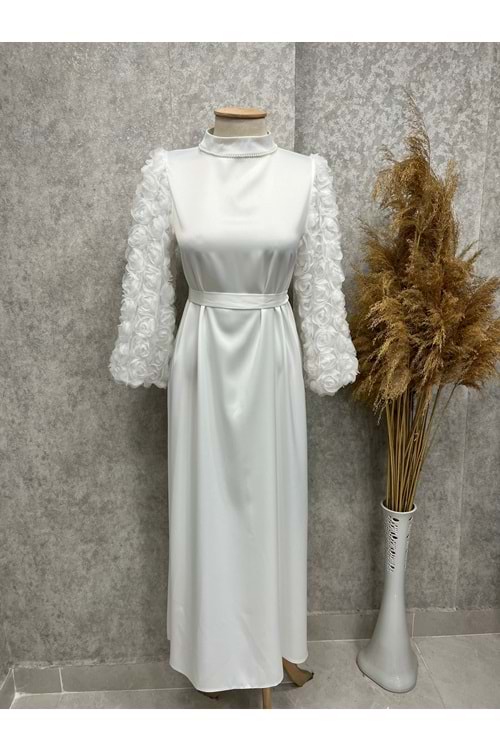 25Y1122 ELBİSE SATEN BALON KOL ÇEÇEK KABARTMA